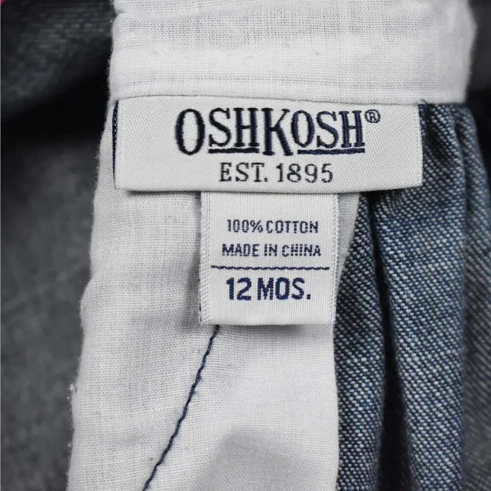 OshKosh 12 MO Baby Girl Blue Denim Jean Overall Dress Embroidered Flowers Hearts
